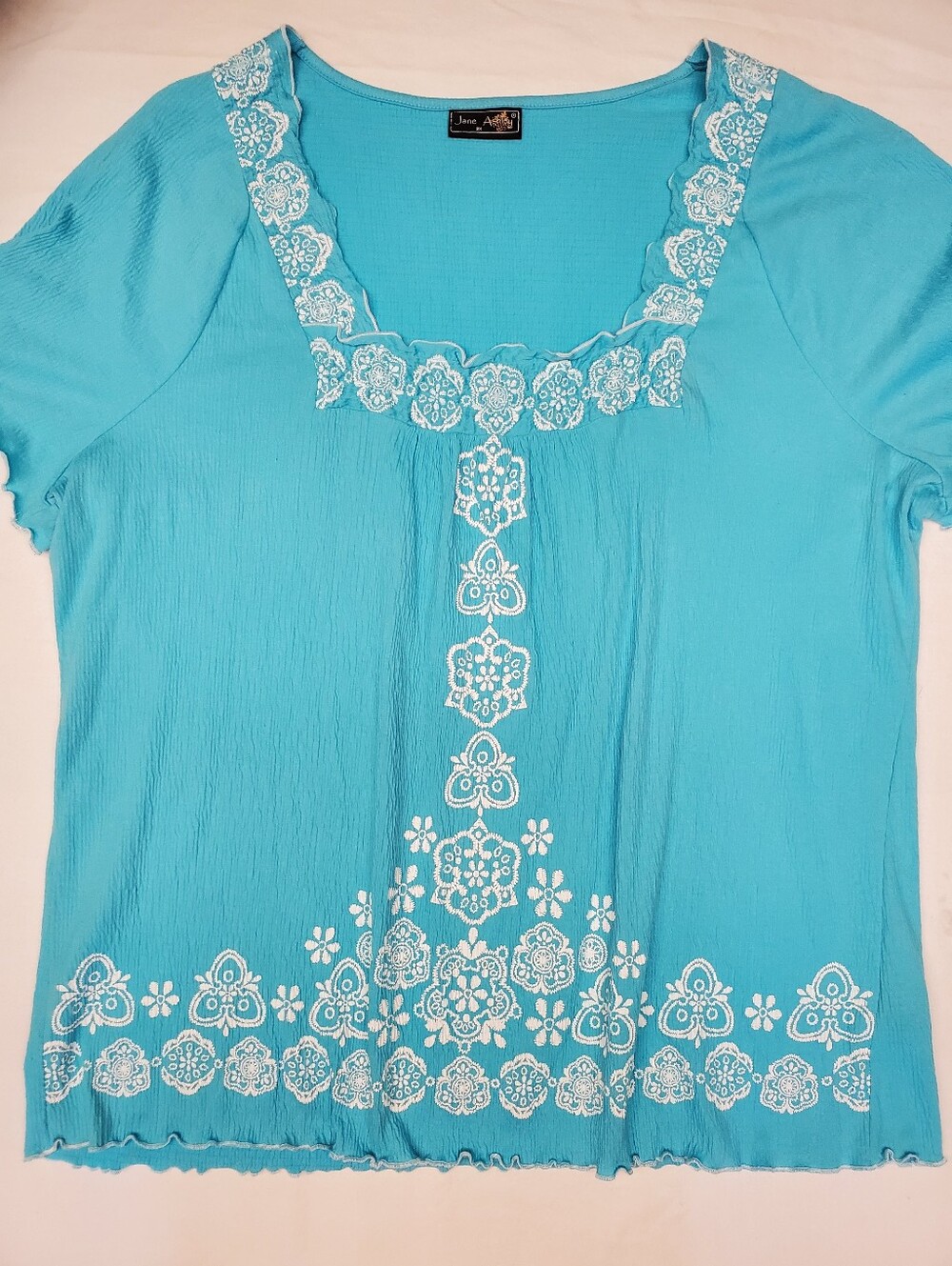 Jane Ashley Turquoise Embroidered Boho Peasant Top Plus 2X Cotton Blend Resort